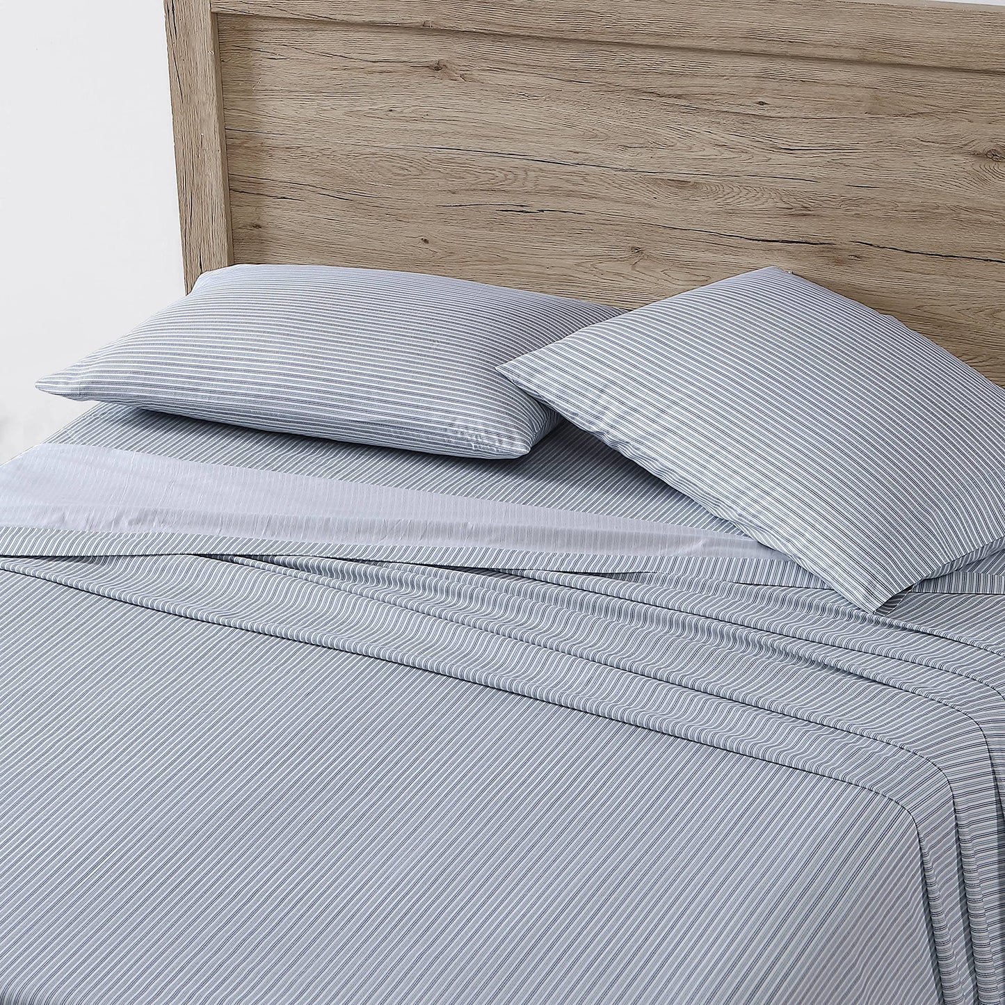 Eddie Bauer - Twin Sheet Set with Fitted Sheet & Pillowcase, 100% Cotton Percale Bedding, Crisp & Cool, Dorm Room Essentials, Ticking Stripe Light Blue