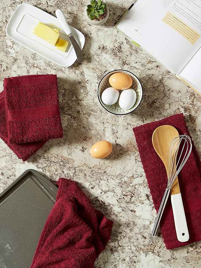 DII Basic Terry Collection Waffle Dishtowel Set, Solid Wine, 4 Piece