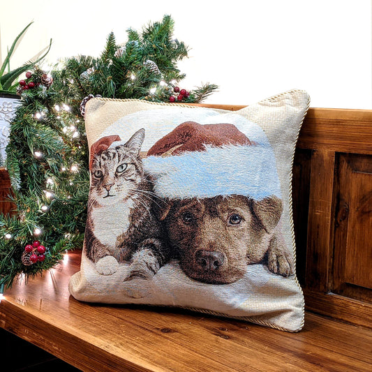 Tache Christmas Throw Pillow Cover - 1 Piece Vintage Tabby Cat Labrador Retriever Dog in Santa Hat Christmas Companions Holiday Festive Decorative Square Couch Tapestry Cushion Covers