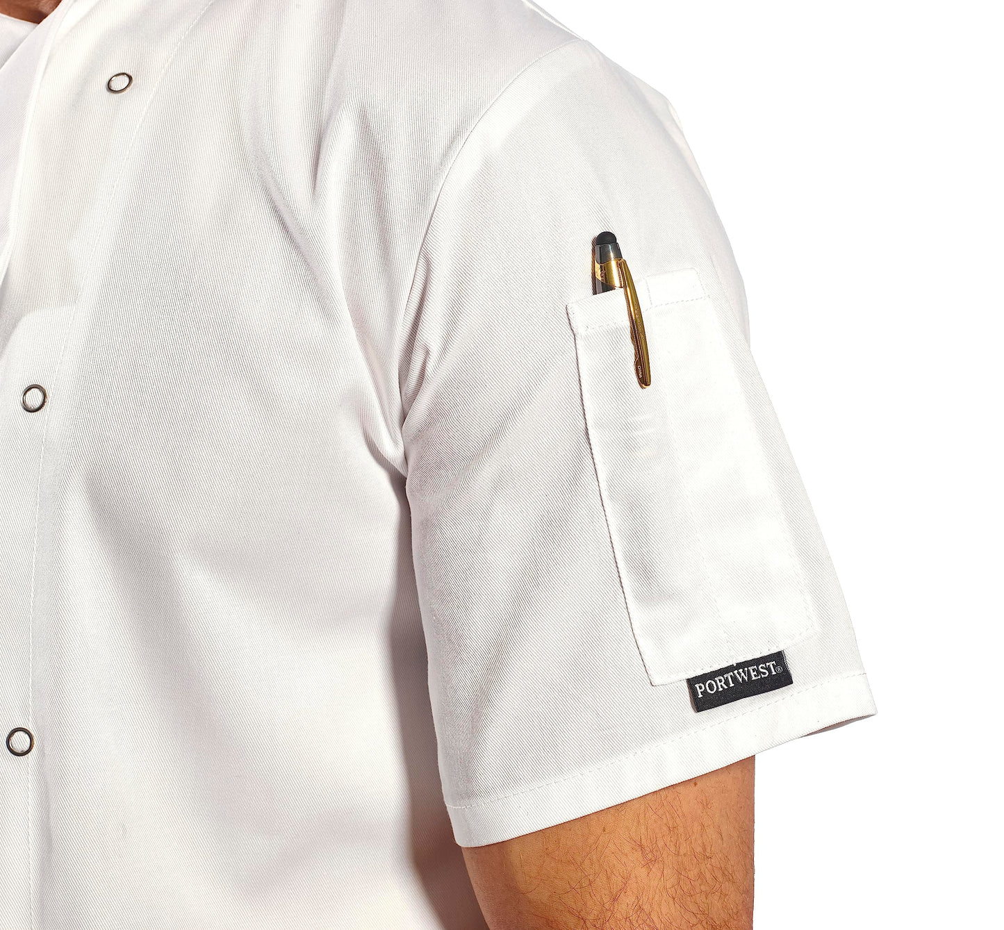 Portwest C733 Men's Cumbria Chef Jacket Lightweight Short Sleeve Durable Workwear Multi Functional Apron with Sleeve Pocket Machine Washable, White, L