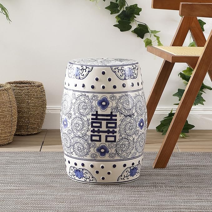JONATHAN Y TBL1013A Double Happiness 18" Chinoiserie Ceramic Drum Indoor/Outdoor Garden Stool Bohemian, Coastal, Classic, Cottage, French Country, Traditional, Bathroom, Garden Room, Patio, Blue/White
