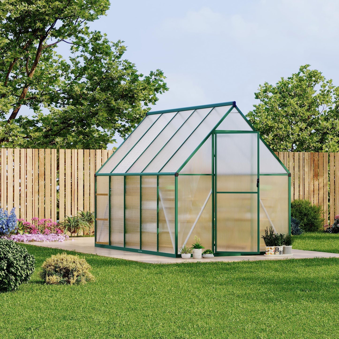 Heavy Duty 6x9 FT Polycarbonate Greenhouse for Outdoors, Aluminum Frame, UV-Blocking Panels, Double Doors, Roof Vent, Rain Gutter—Small Greenhouse for Outside Gardening