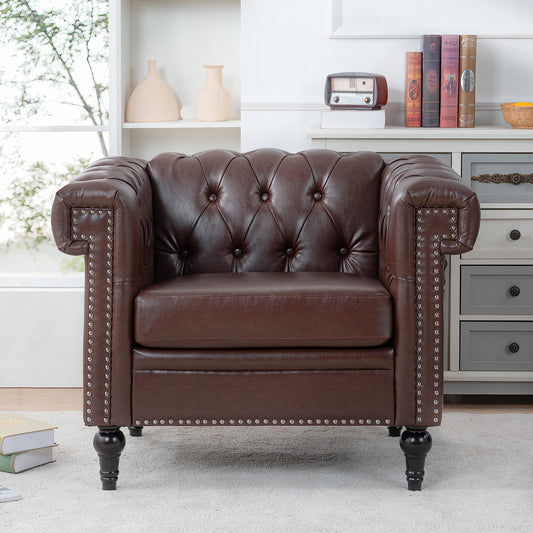 GDFStudio 39" Mid-Century Modern Sofa PU Leather Accent Couch with Rivet Trim, Deep Seat Single Sofa Chair with Rolled Arms, Solid Wood Legs, Vintage Couch for Living Room, Brown