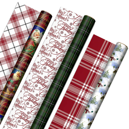 Hallmark Reversible Christmas Wrapping Paper (3 Rolls: 120 sq. ft. ttl) Vintage Santa, Snowmen, Traditional Green, Red and White Plaids