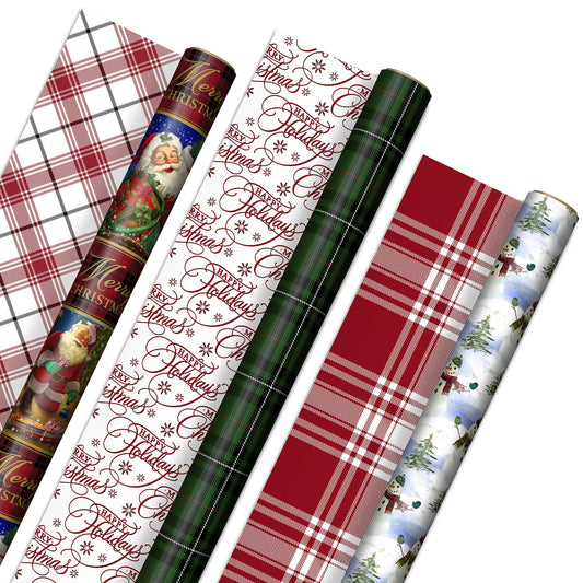 Hallmark Reversible Christmas Wrapping Paper (3 Rolls: 120 sq. ft. ttl) Vintage Santa, Snowmen, Traditional Green, Red and White Plaids