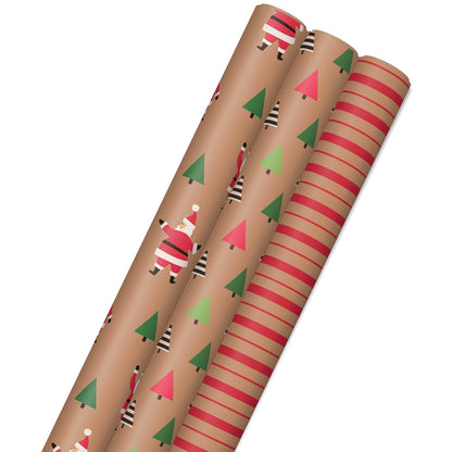 Hallmark Christmas Wrapping Paper Rolls, Brown Kraft Holiday Gift Wrap (Pack of 3: 90 sq. ft. ttl) Kraft with Santas, Trees, Stripes