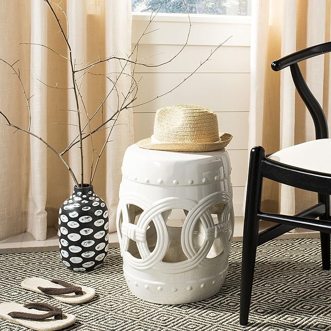 SAFAVIEH Home Collection Double Coin Antique White Ceramic Indoor/ Outdoor Decorative Garden Stool (Fully Assembled)