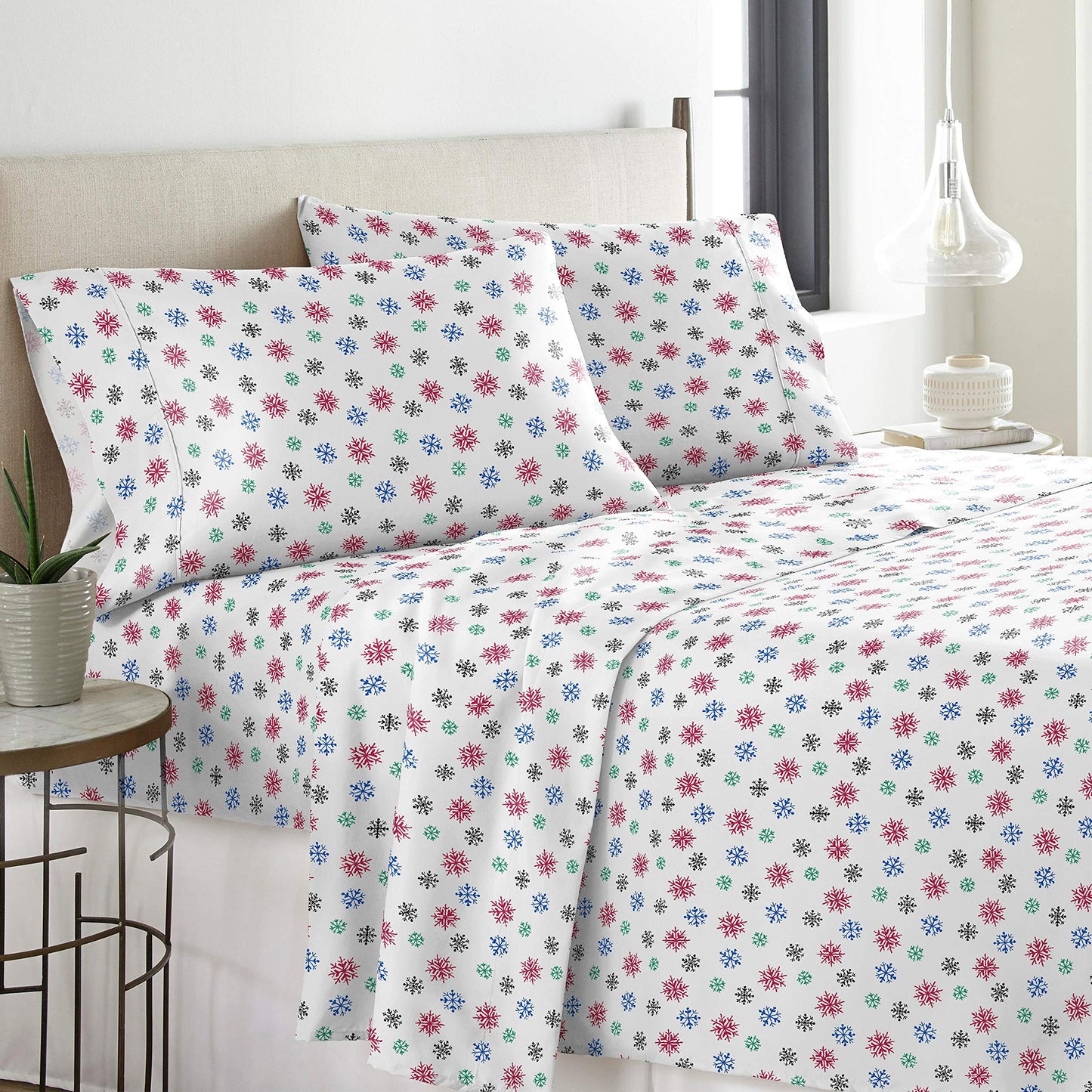 Pointehaven Flannel 170 GSM Sheet Set,Queen Snow Flakes Multi