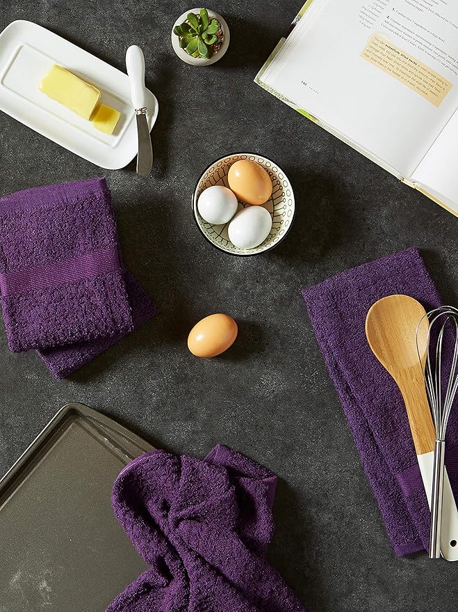 DII Basic Terry Collection Waffle Dishtowel Set, Solid Eggplant, 4 Piece