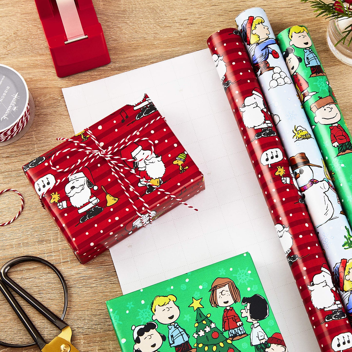 Hallmark Christmas Peanuts Wrapping Paper with Cut Lines on Reverse (Pack of 3, 105 sq. ft. ttl) Snoopy, Charlie Brown, Woodstock (5JXW1036)