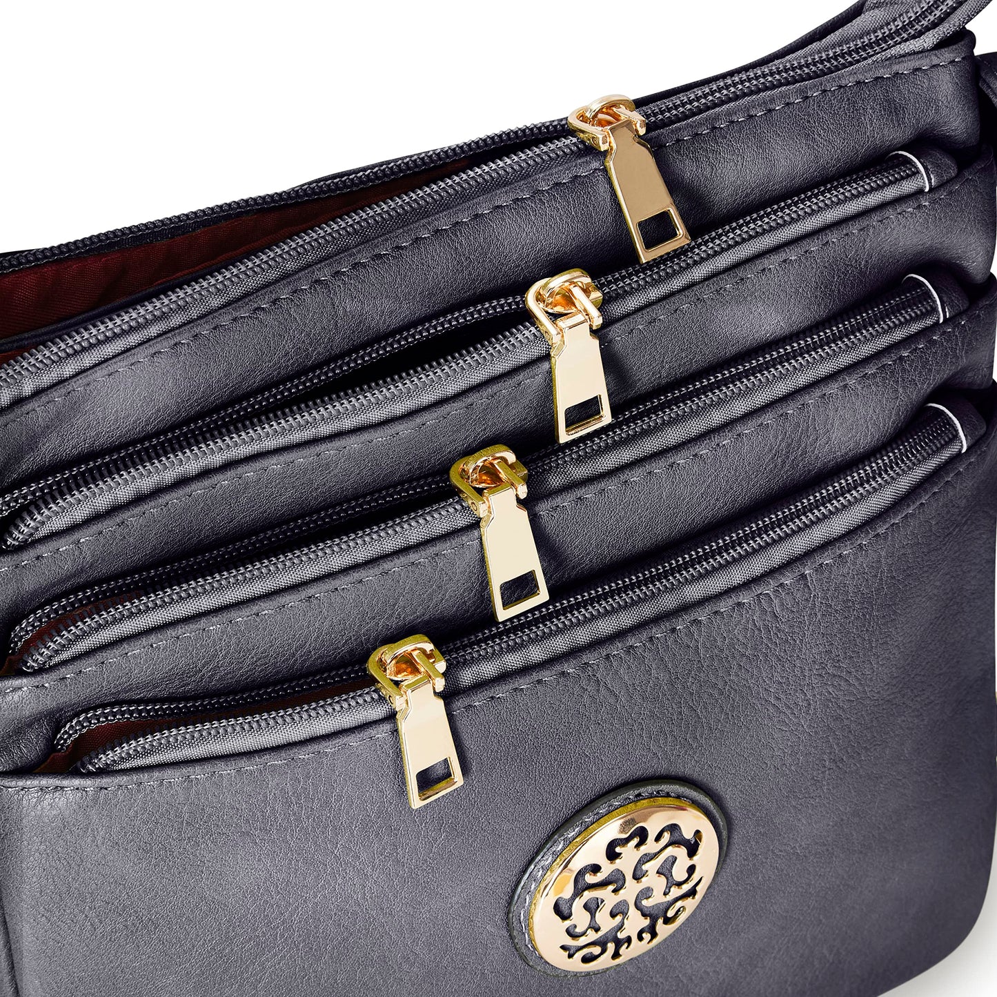 Woodland Leathers Crossbody Bags For Women, Multi Zipper Spacious Cross Body Bag Women With Adjustable Crossbody Strap, Golden decorated Women's Hobos & Shoulder Bags (Black)