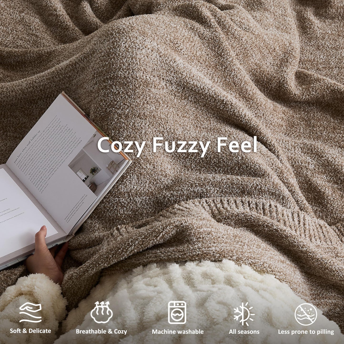 WDCOZY Taupe Melange Throw Blanket for Couch Bed Travel Camping, Reversible Super Soft Plush Knitted Blanket, Lightweight Cozy Fuzzy Fluffy Warm Throw, Textured Blanket for Home Decor, Tan 50"x60"