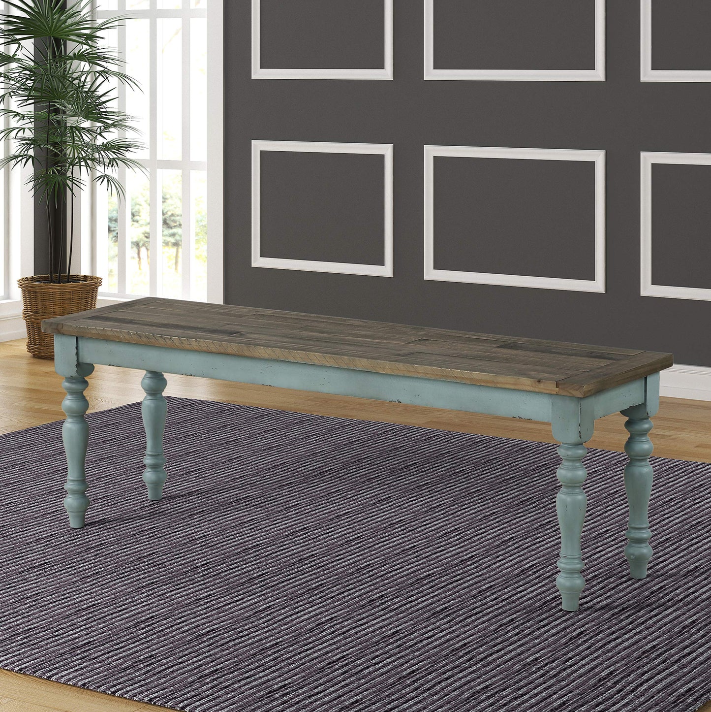Roundhill Furniture Prato 6-Piece Dining Set, Dining Table with 4 Cross Back Chairs and Bench, Antique Blue and Distressed Walnut Finish