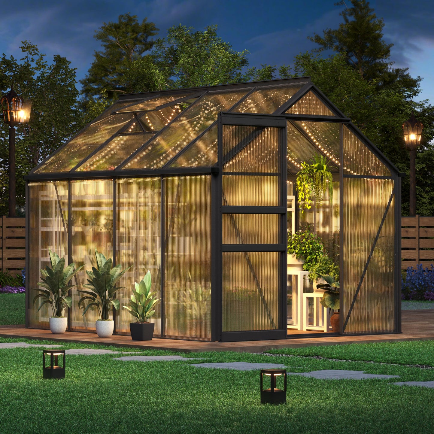 GarveeHome 6x8 FT Walk-in Polycarbonate Greenhouse - 76" High Reinforced Aluminum Frame with Base Kit, 4mm Double-Wall UV Protected Panels, 5-Position Adjustable Roof Vent & Sliding Door, 250 Cu.Ft