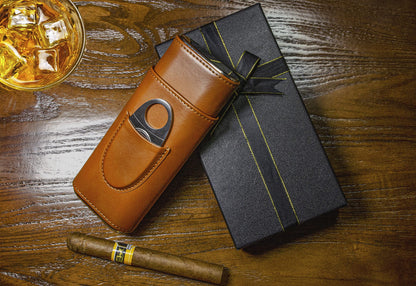 Leather Cigar Travel Case with Cutter & Gift Box - Wood Lined Humidor, Perfect Cigar Accessory Gift for Men