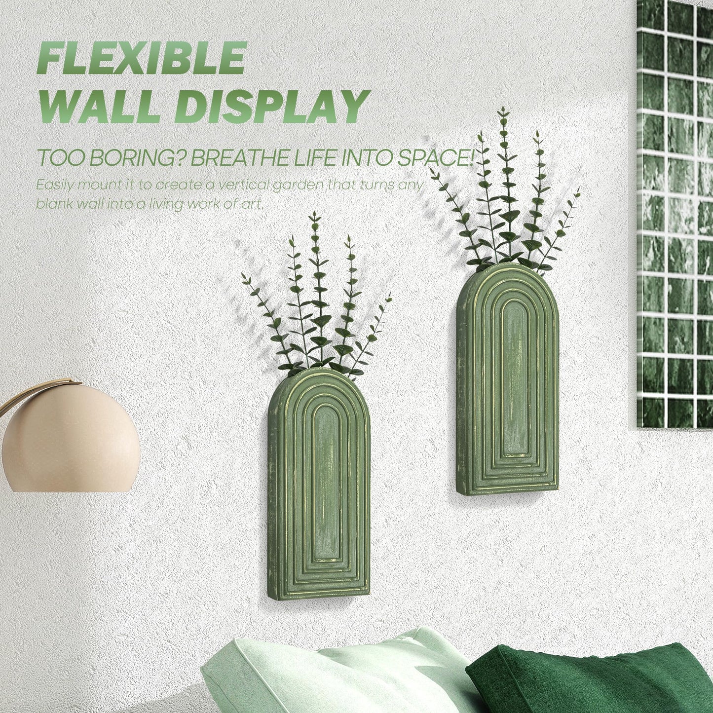 EOSAHR Pine Wood Wall Vases Set of 2 – Decorative Hanging Vases for Indoor Plants, Eucalyptus & Artificial Flowers – Best Boho Chic Decor Wall Art for Bathroom, Bedroom & Living Room (Green)