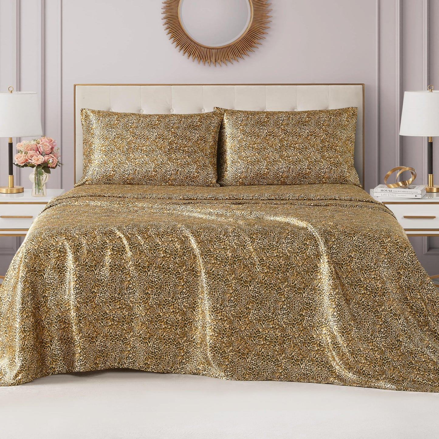 Juicy Couture Full Size Satin Bed Sheet Set, Deep Pocket Silky Full Sheet Set with 1 Fitted Sheet, 1 Flat Sheet, 2 Pillowcases, Wrinkle Resistant and Anti Pilling Bed Sheets - Monica Leopard