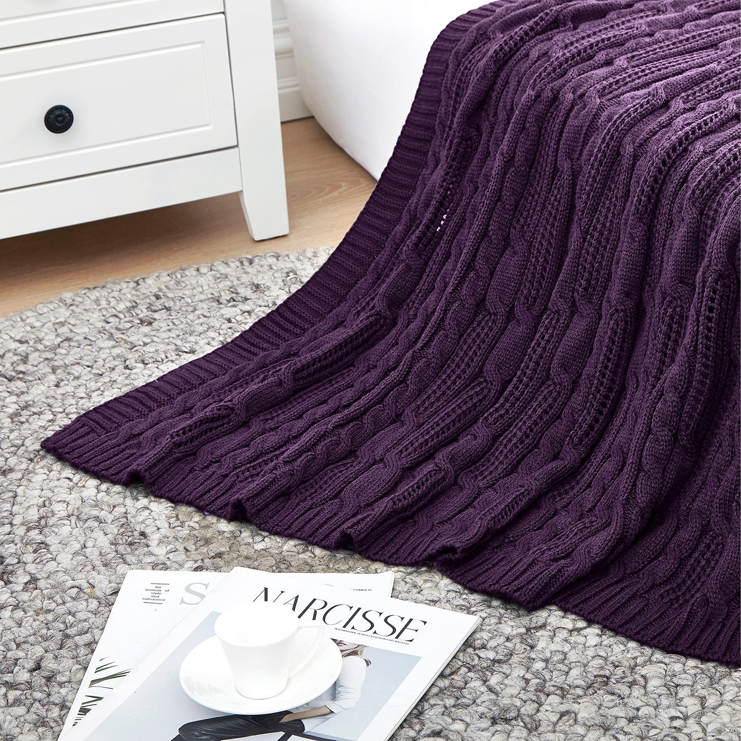 Aormenzy Cable Knit Throw Blankets 50 x 60 Inches, Soft Cozy and Lightweight Knitted Blanket, Machine Washable Acrylic Blanket, Decorative Throw Blanket for Couch Sofa Bed, Dark Purple