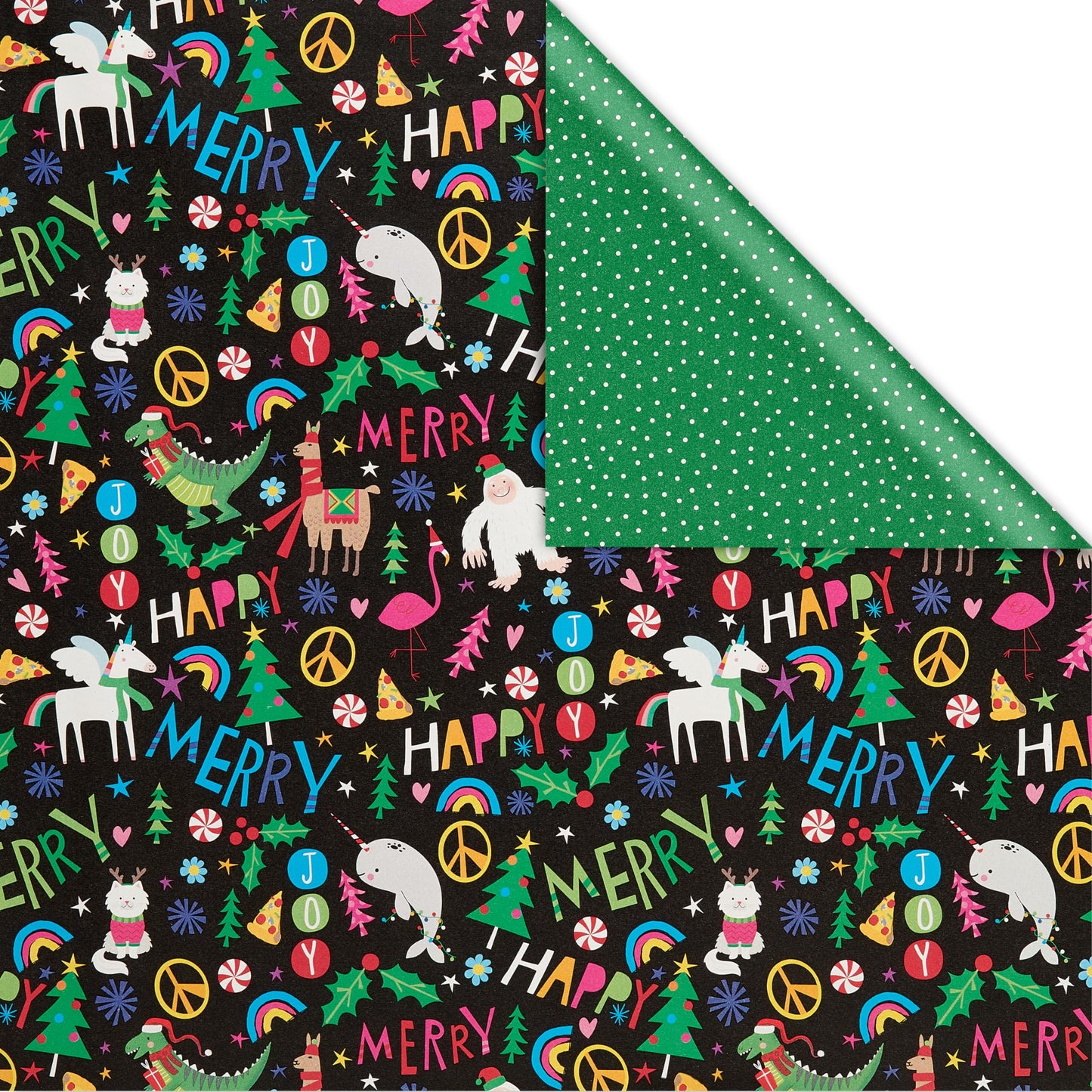 American Greetings Jumbo Kids Christmas Wrapping Paper Roll, Dinosaur, Unicorns, and Yetis Holiday Gift Wrap (175 sq. ft., 1 Extra Large Reversible Roll-30 in. x 70 ft.) Colorful, Black, Green