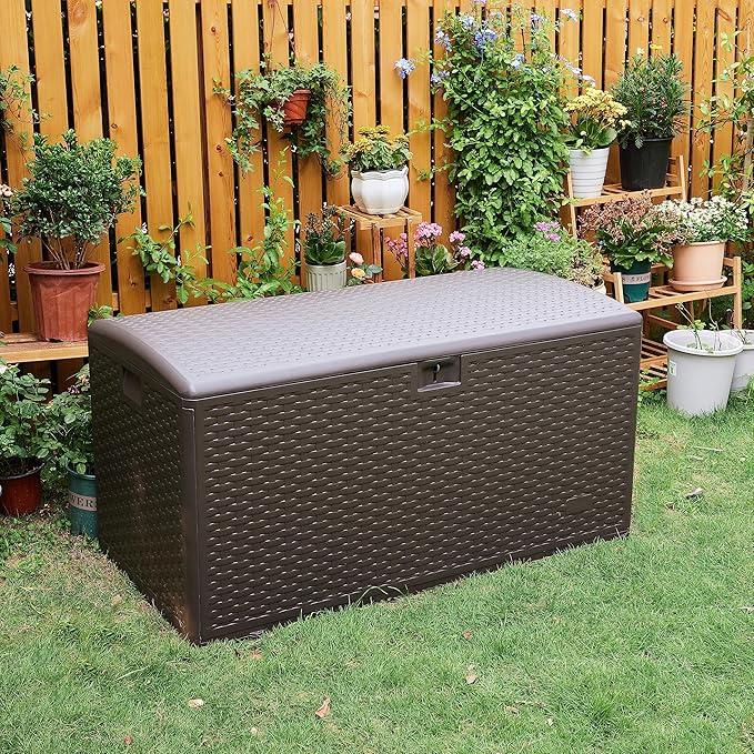Amazon Basics Outdoor Storage Deck Box, Lockable, Weather-Resistant, 99 Gallon, Brown, for Patio Cushions, Gardening Tools, Pool Accessories