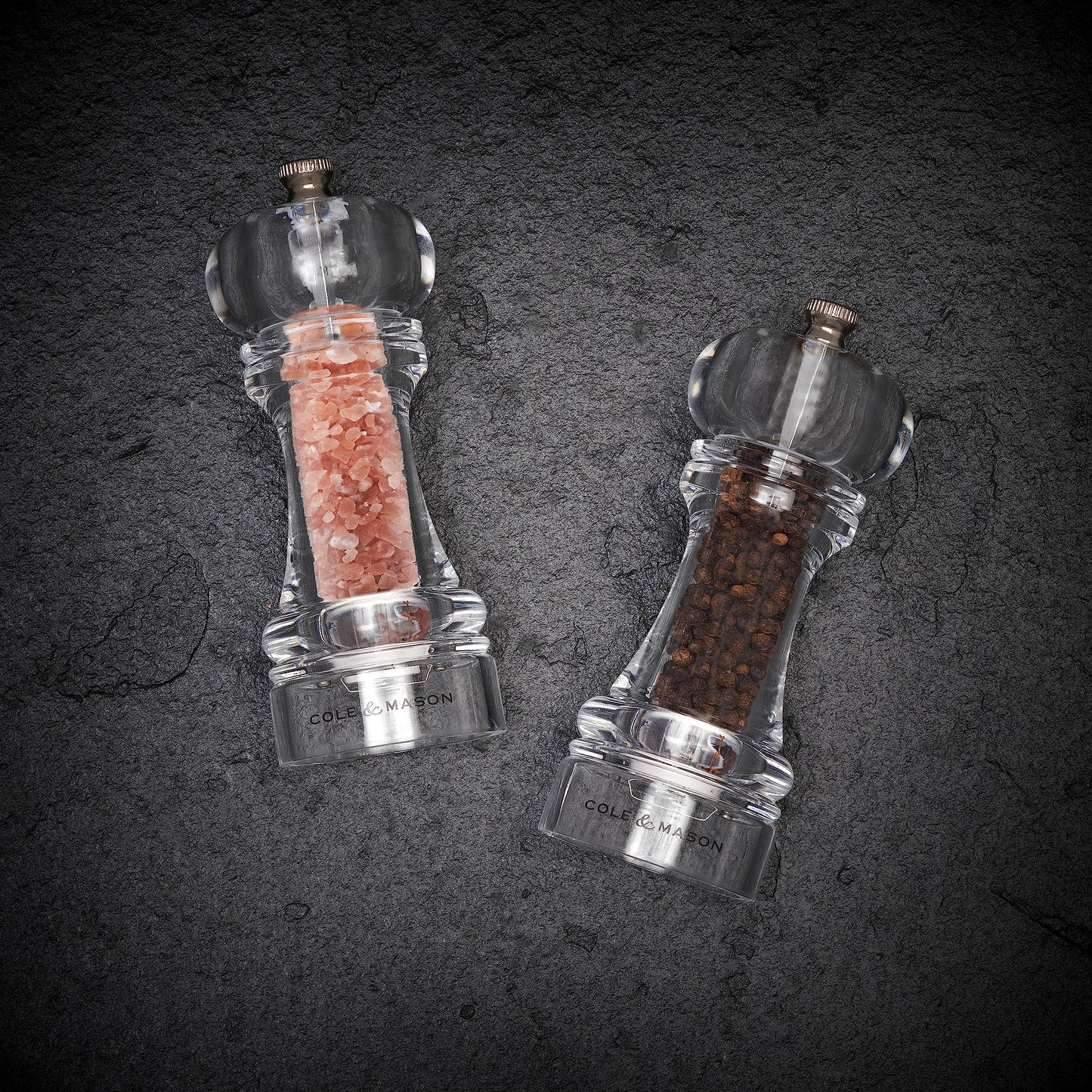 Cole & Mason Liverpool 5.5" Acrylic Salt & Pepper Mill Set with Himalayan Salt - Salt & Pepper Mills - Kitchen & Home Essentials - Refillable Salt & Pepper Sets - Acrylic Spice Mills